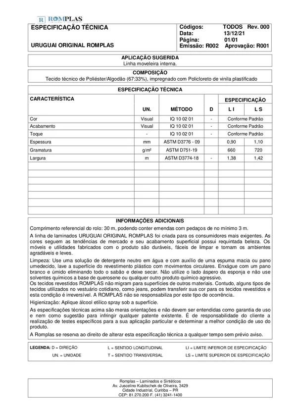 Ficha Técnica — Uruguai 1.0 Original