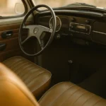 Interior de Volkswagen Fusca anos 80 com estofamento vinil bege e marrom, volante à esquerda