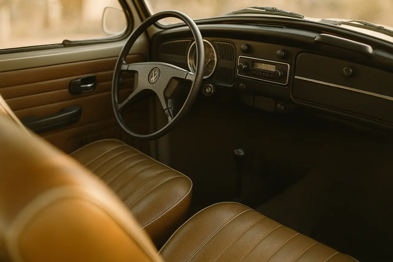 Interior de Volkswagen Fusca anos 80 com estofamento vinil bege e marrom, volante à esquerda