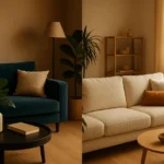 Split-screen: dois ambientes — sala com sofá em veludo teal (esquerda) e sala com sofá em bouclé creme (direita)
