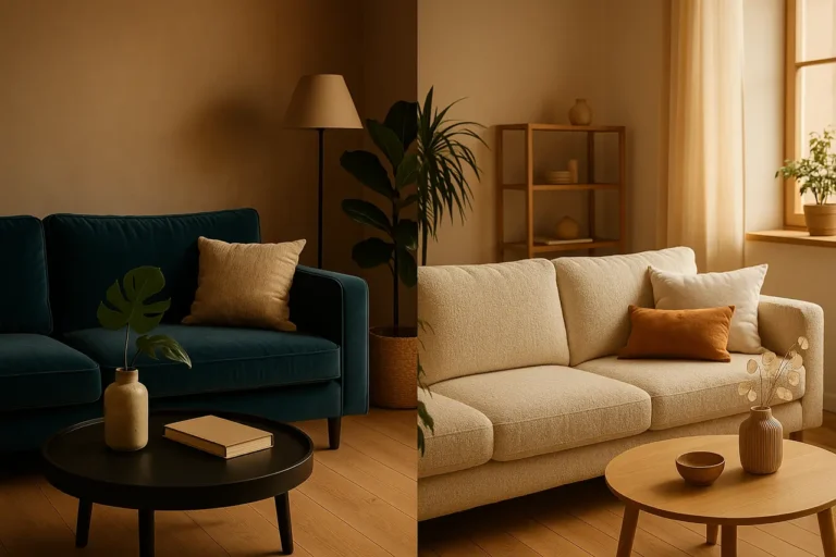 Split-screen: dois ambientes — sala com sofá em veludo teal (esquerda) e sala com sofá em bouclé creme (direita)