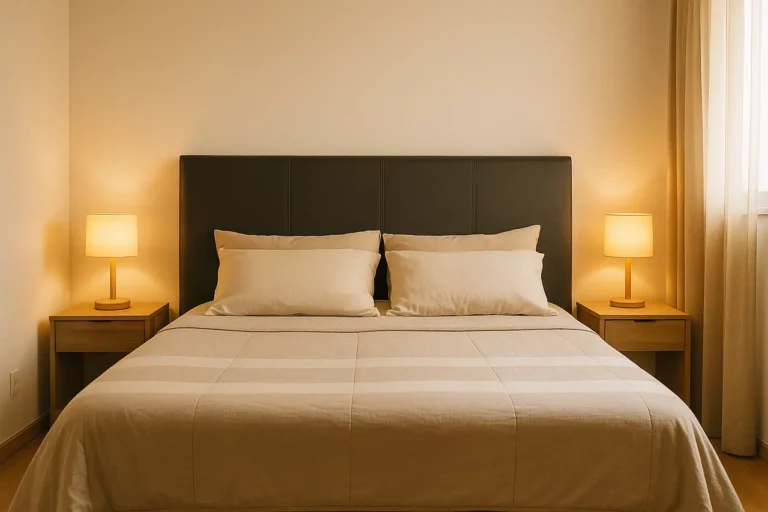 Cabeceira de cama estofada em couro sintético cinza em quarto de casal decorado com iluminação natural