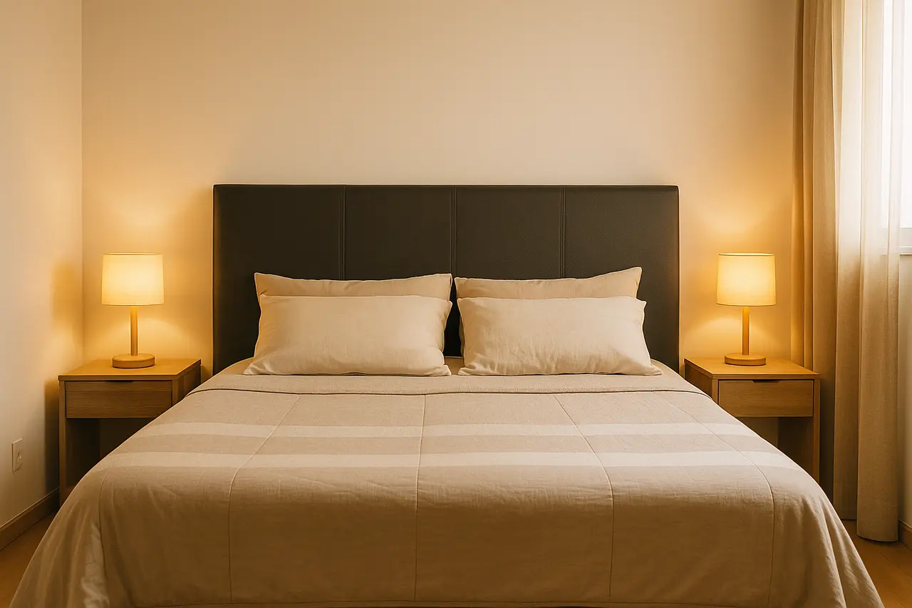 Cabeceira de cama estofada em couro sintético cinza em quarto de casal decorado com iluminação natural
