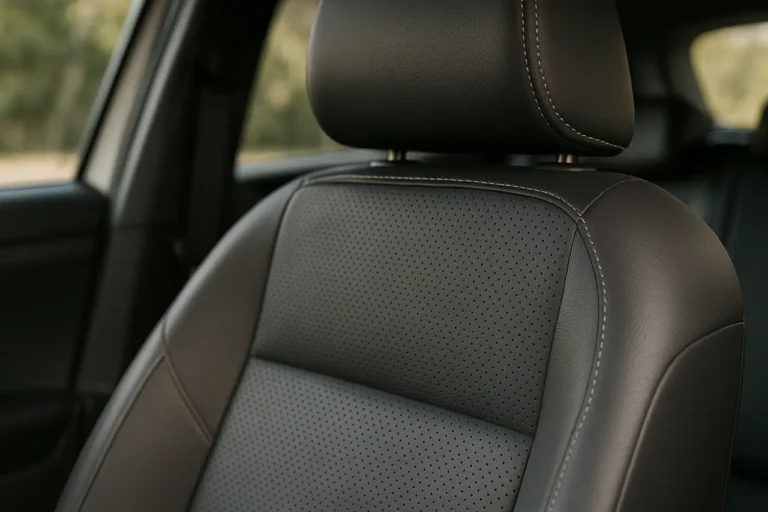 Interior automotivo com detalhe de bancos em courvin perfurado escuro com costura dupla bege — VW T-Cross