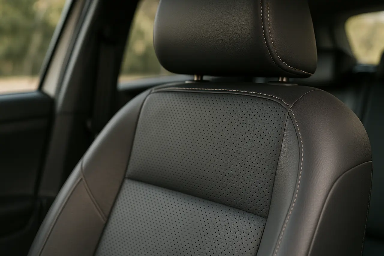 Interior automotivo com detalhe de bancos em courvin perfurado escuro com costura dupla bege — VW T-Cross