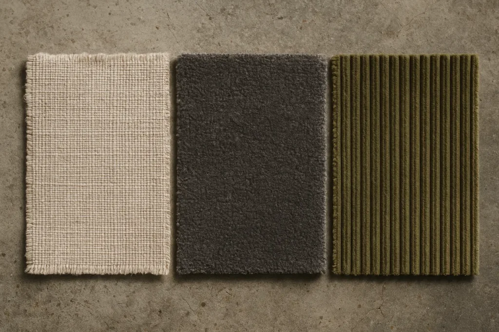 Três amostras de tecido para estofado — linho, chenille e cotelê — sobre superfície de concreto, mostrando textura e diferença de trama