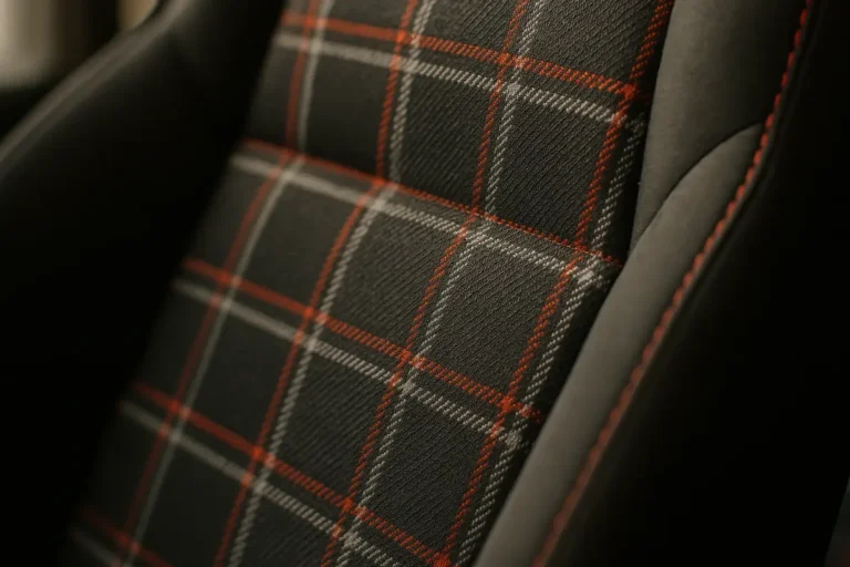 Tecido xadrez Clark Plaid vermelho no painel central de um banco esportivo, estilo Golf GTI