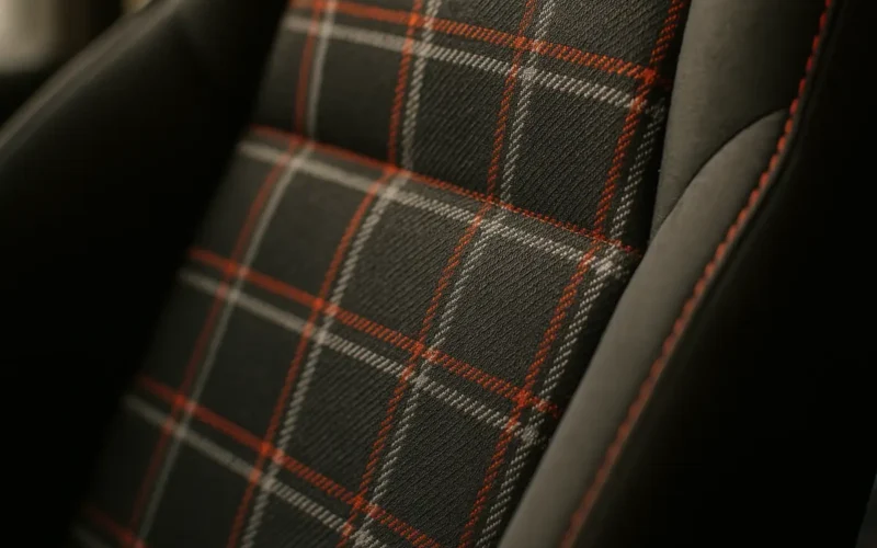 Tecido xadrez Clark Plaid vermelho no painel central de um banco esportivo, estilo Golf GTI