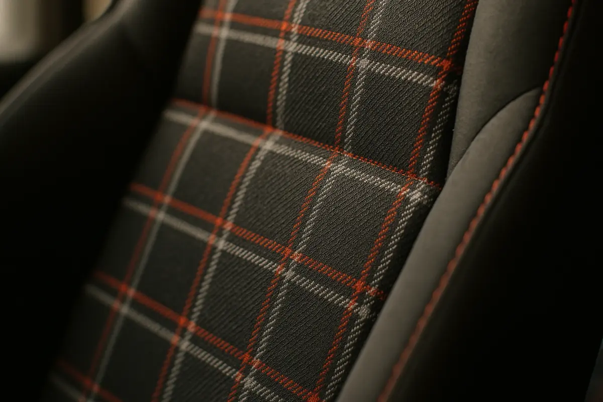 Tecido xadrez Clark Plaid vermelho no painel central de um banco esportivo, estilo Golf GTI