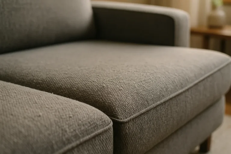Almofada de sofá cinza chenille com bolinhas de pilling, desgaste natural do tecido