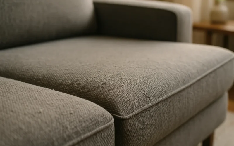 Almofada de sofá cinza chenille com bolinhas de pilling, desgaste natural do tecido
