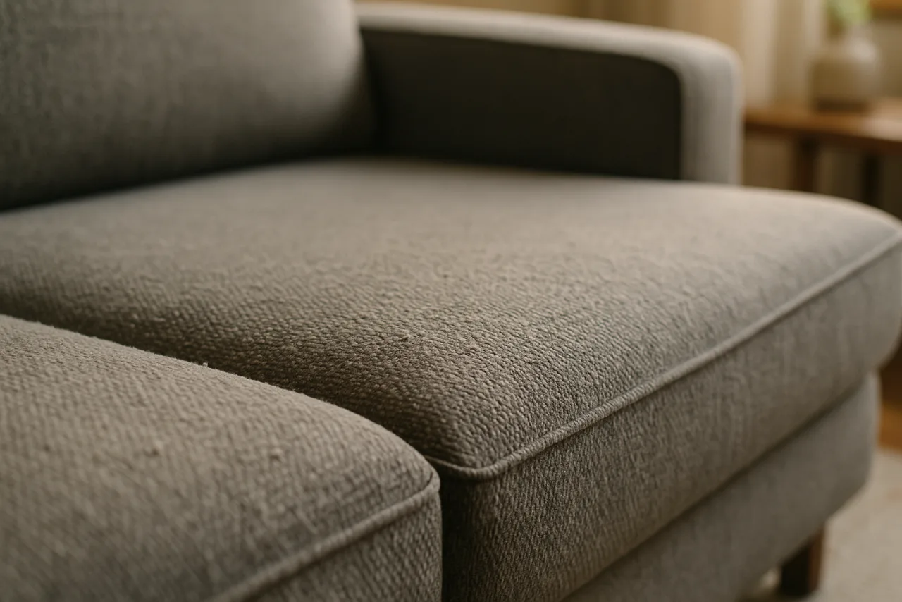 Almofada de sofá cinza chenille com bolinhas de pilling, desgaste natural do tecido